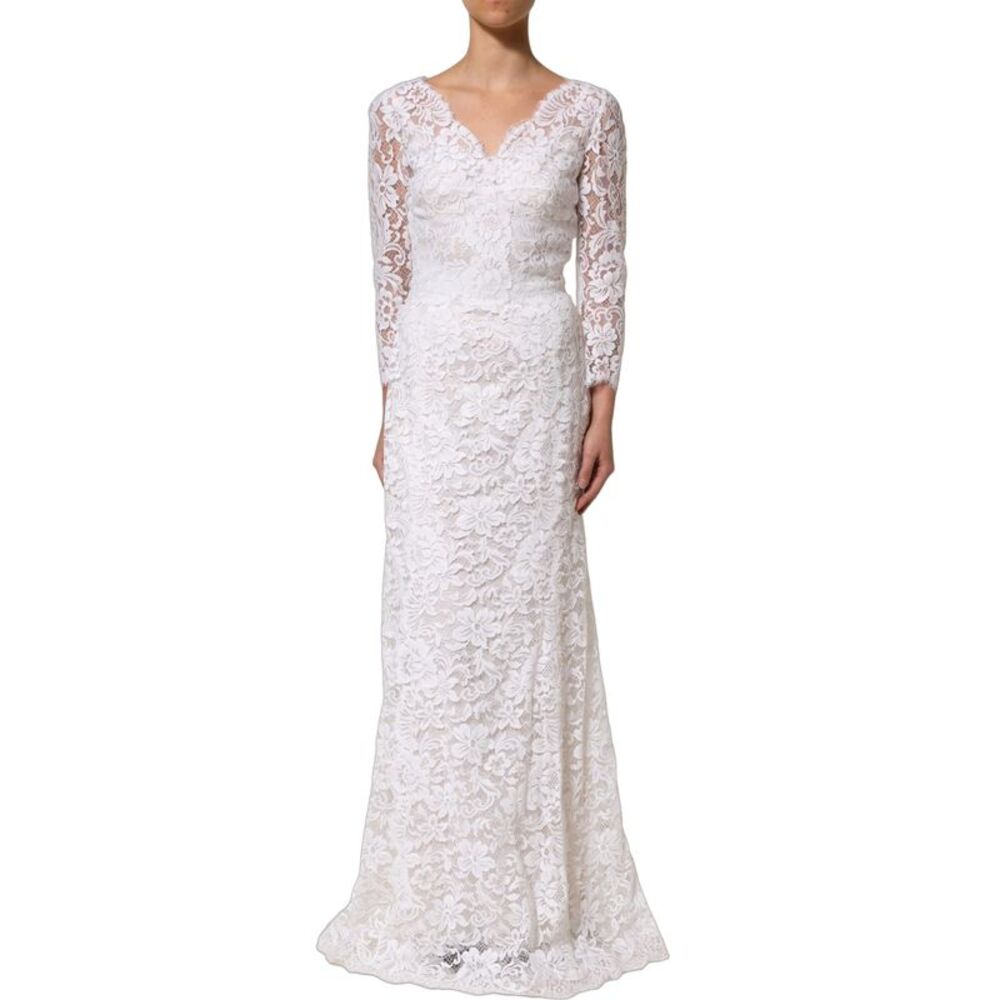 Dolce & Gabbana White Cotton Floral Lace Long Gown Women's Dress